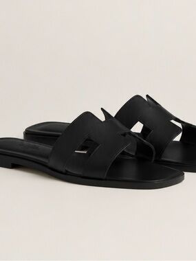 Black Oran Leather Slide Sandals